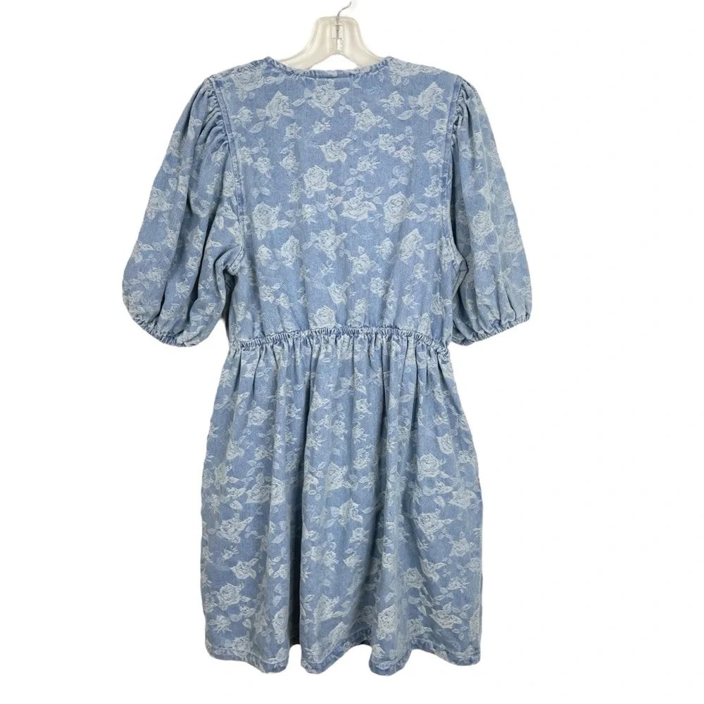 Miou Muse Denim + Roses Bow Front A-Line Mini Dress Puff Sleeves Blue Size S - Picture 10 of 13